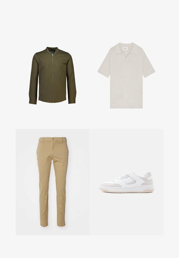 Lindbergh SUPERFLEX OVERSHIRT - Bomberjakke - true army; Lyse beige kortærmet poloshirt med åben krave og stoflabel med teksten "NN. 07" inde i halsudskæringen.; Khaki bukser lavet af letvægtsbomuld, med en slim-fit design, glat tekstur og standard talje med knaplukning foroven.; Lavprofileret hvid og lysebeige sneaker med snørelukning, polstret krave og gummisål på en ensfarvet lys baggrund.
