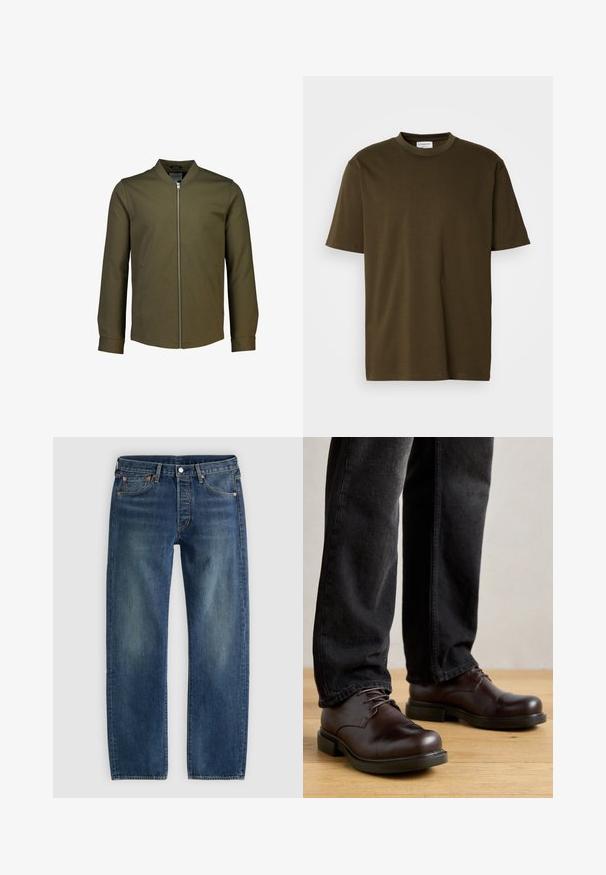 Lindbergh SUPERFLEX OVERSHIRT - Let jakke / Sommerjakker - true army; Simpel olivengrøn T-shirt med korte ærmer og rund halsudskæring, med et synligt hvidt mærke ved halsen, præsenteret på en hvid baggrund.; Blå straight-leg denim jeans med fem lommer og kobbernitter, vist fladt på en lysegrå baggrund.; Brune lædersko med rund tå, snørelukning og kraftig sort gummisål, parret med mørke denim bukser.