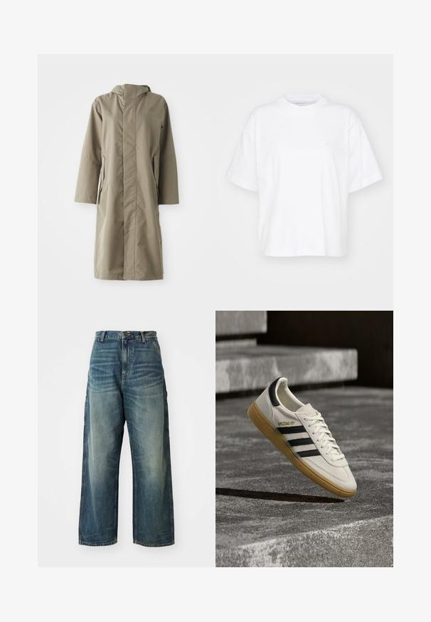 Khakifarbenen Regenmantel mit Kapuze, aus glattem, wasserabweisendem Material hergestellt. Verfügt über lange Ärmel und seitliche Taschen, die eine lockere Passform bieten.; Weißes Baumwoll-T-Shirt mit Rundhalsausschnitt, kurzen Ärmeln und lockerer Passform. Verfügt über ein dezentes Logo auf der linken Brustseite. Glatte Textur.; Weite Denim-Jeans in einem ausgewaschenen Blauton. Verfügbar mit einem Knopfverschluss, fünf Taschen und sichtbaren Nähten. Das Material hat eine glatte Textur.; Weißer Adidas Spezial Sneaker mit schwarzen Streifen und Kautschuksohle, der über grauen Steinstufen im Freien schwebt.