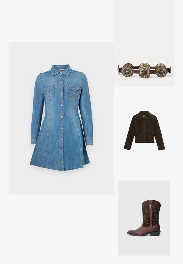 Reiss REGULAR FIT - HANSON TRUCKER - Kožená bunda - chocolate brown; Modré denimové šaty s dlhými rukávmi, gombíkovým zapínaním, dvoma náprsními vreckami a rozšírenou sukňou. Obsahujú gombíky v medených tónoch a kontrastné šitie.; Hnedá kožená kovbojská čižma s textúrovaným semišovým vrchom, detailným bielym prešívaním, špicatou špičkou a nízkym blokovým podpätkom.; Hnedý kožený opasok s veľkými zdobenými striebornými kovovými conchos a obdĺžnikovou striebornou prackou s reliéfnymi vzormi.