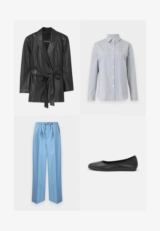 Sorte læderblazer med klippet krave, bælte i livet og skræddersyet pasform. Glat tekstur og minimalistisk design. Velegnet til lagdeling.; Langærmet lysegrå skjorte med tynde, lodrette hvide striber, knappet front, spids krave og matchende manchetter på ensfarvet baggrund.; Lyseblå, vidde bukser med elastik i taljen og snøre, frontplissering og sidelommer, vist på en ensfarvet baggrund.; Sort læderballetsko med rund tå, glat tekstur, minimal syning og et fleksibelt såldesign.