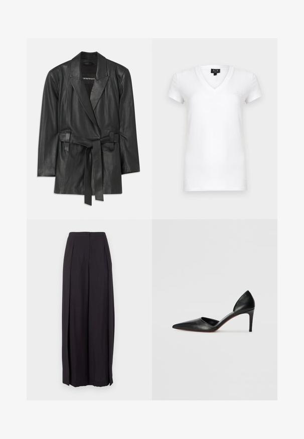 Sorte læderblazer med klippet krave, bælte i livet og skræddersyet pasform. Glat tekstur og minimalistisk design. Velegnet til lagdeling.; Hvid V-hals T-shirt lavet af bomuld med korte ærmer, med en lille logodetalje på venstre bryst. Glat stofstruktur.; Sorte bukser med høj talje og vide ben, med knaplukning foran og skjult lynlås, samt diskrete plisseringer i siden.; Sorte læder højhælede pumps med spidse tæer, åbne sider og en slank silhuet. Har en tynd hæl og rød sål som accent.