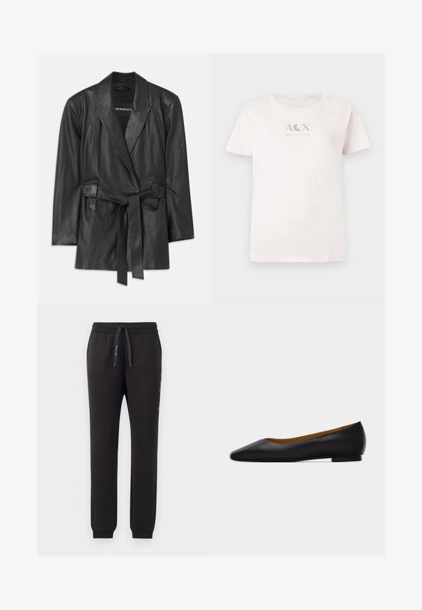 Sorte læderblazer med klippet krave, bælte i livet og skræddersyet pasform. Glat tekstur og minimalistisk design. Velegnet til lagdeling.; Lyserød bomulds t-shirt med korte ærmer og rund hals, som har et metallic sølvfarvet "ACX ARMANI EXCHANGE" logo på forsiden.; Sorte joggers lavet af blødt bomuld med elastisk talje og snoretræk. Har ribbede manchetter og broderet tekst på siden.; Sort læder flad sko med spids tå, lav hæl og glat finish, vist fra siden på en lysegrå baggrund.