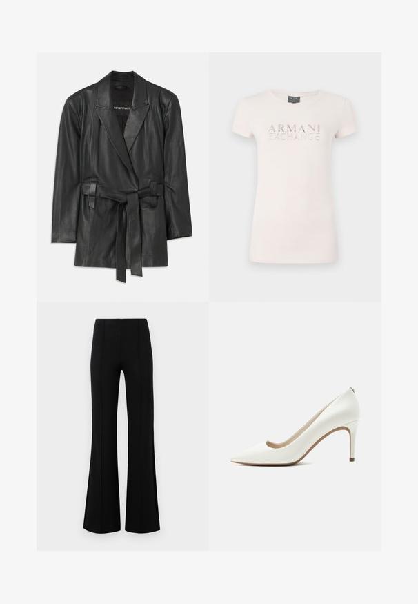 Sorte læderblazer med klippet krave, bælte i livet og skræddersyet pasform. Glat tekstur og minimalistisk design. Velegnet til lagdeling.; Lyserød kortærmet T-shirt med et præget logo "ARMANI EXCHANGE" i metallisk finish. Blødt stof, klassisk rund halsudskæring, tætsiddende pasform.; Sorte højtaljede flared bukser lavet af strækbart stof. Har vertikale sømdetaljer foran og en glat tekstur.; Hvidt læder spidst stiletto hæl med slank høj hæl og glat finish, vist fra siden på en ensartet lys baggrund.