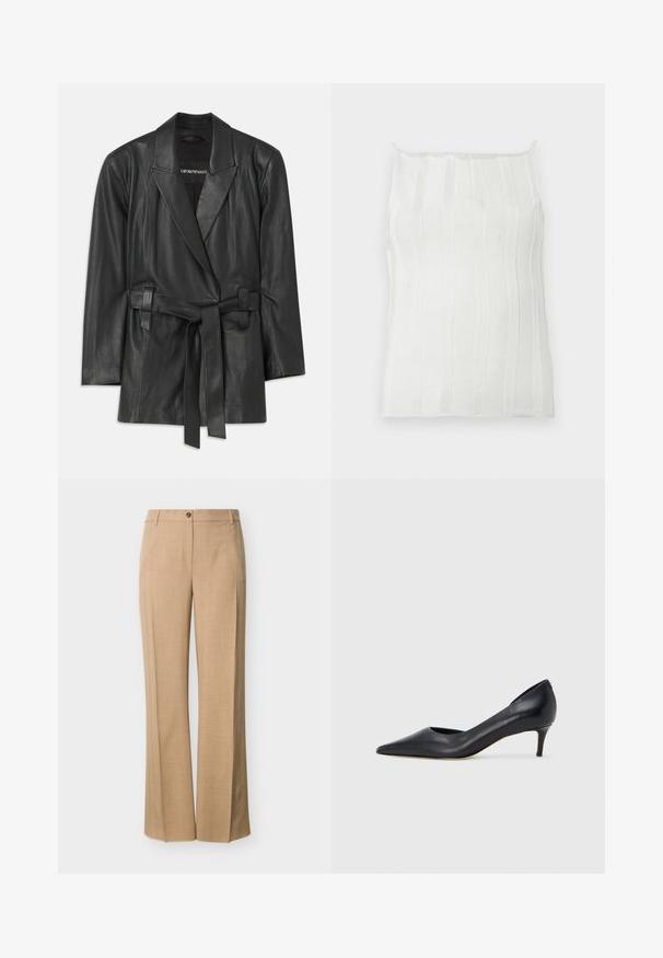 Sorte læderblazer med klippet krave, bælte i livet og skræddersyet pasform. Glat tekstur og minimalistisk design. Velegnet til lagdeling.; Hvid ribstrikket tanktop med tynde stropper, der har lodrette striber og en let tekstureret overflade. Enkel, tætsiddende pasform uden pynt.; Beige skræddersyede bukser med lige ben, frontlukning med knap og lynlås, bæltestropper og pressede folder ned ad benene.; Sort læderpumpe med spids tå og lav hæl. Har en glat tekstur og subtil glans. Åben udskæring foran for ekstra detalje.
