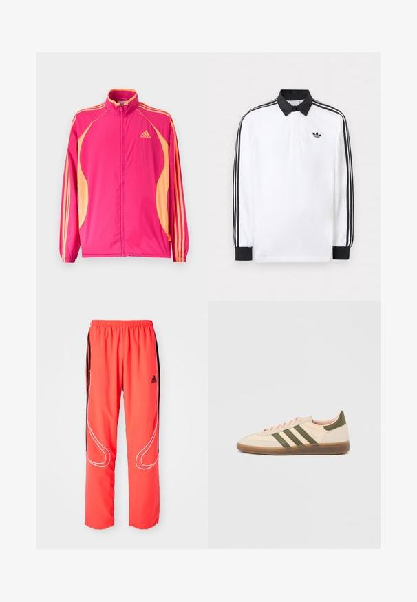Φωτεινό ροζ αθλητικό μπουφάν Adidas με ροδακινί πλαϊνές λωρίδες, ροδακινί ρίγες στα μανίκια, ελαστικά μανσέτα και φερμουάρ στο μπροστινό μέρος.; Λευκή πόλο μπλούζα με μακρύ μανίκι, μαύρο γιακά, μαύρα μανσέτα, μαύρο σχέδιο με τρεις ρίγες στα μανίκια και μαύρο λογότυπο Adidas στο στήθος.; Κόκκινες αθλητικές παντελόνες με άνετη εφαρμογή, ελαστική μέση, μαύρες λωρίδες στο πλάι και λευκή λεπτομέρεια κατά μήκος των ποδιών. Λογότυπο Adidas στο γοφό.; Χαμηλού προφίλ μπεζ αθλητικό παπούτσι Adidas Spezial με πράσινες ρίγες, σόλα από καουτσούκ και την επωνυμία "SPEZIAL" στην πλευρά, εμφανίζεται από την εξωτερική πλευρά.