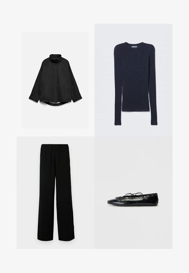 Veste noire légère avec col montant, deux poches avant, fermetures à boutons et manches longues, présentée à plat sur fond blanc.; Haut à manches longues bleu marine en tissu doux et léger. Il présente un col rond et une coupe ajustée, sans éléments métalliques visibles ni motifs.; Pantalon noir à jambes larges en tissu doux, doté d'une taille élastique et d'une texture lisse, conçu pour le confort et la liberté de mouvement.; Bottine plate noire à bout pointu avec un laçage à l'avant et des œillets le long des bords, présentée sur un fond blanc.