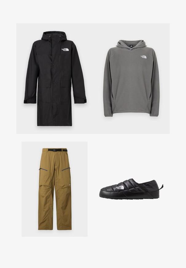 Manteau imperméable noir avec capuche, fermeture à pressions sur le devant, deux grandes poches avant, manches avec poignets réglables, et un logo sur le côté supérieur gauche.; Sweat à capuche en polaire grise avec une poche avant, une capuche à cordon de serrage ajustable et un petit logo blanc sur le côté gauche de la poitrine.; Pantalon de plein air kaki avec ceinture noire réglable, deux poches zippées sur les cuisses et coutures au niveau des genoux, présenté sur un fond uni.; Chaussure noire à enfiler avec un design matelassé, fabriquée en matériau rembourré. Elle présente une semelle en caoutchouc texturée et une petite languette à l'arrière.