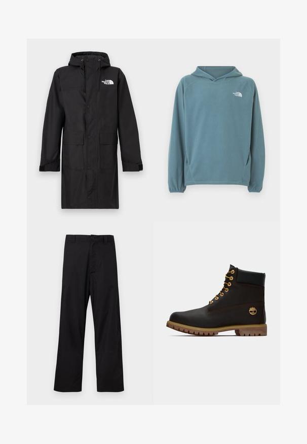Manteau imperméable noir avec capuche, fermeture à pressions sur le devant, deux grandes poches avant, manches avec poignets réglables, et un logo sur le côté supérieur gauche.; Sweat à capuche en polaire bleu avec une poche kangourou, une capuche avec cordon de serrage et des poignets élastiqués. Logo blanc sur la poitrine. Texture lisse.; Pantalon droit noir avec fermeture à boutons et à glissière, passants pour ceinture, présenté à plat sur un fond clair.; Bottine noire en cuir avec œillets dorés, accents marron et semelle en caoutchouc. Comprend un col rembourré et un logo estampé sur le côté.