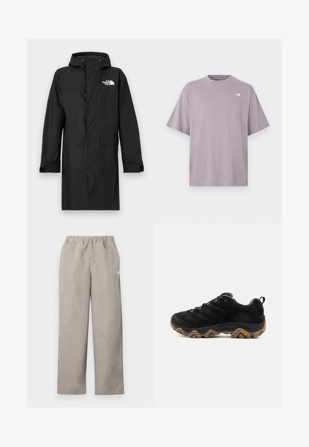 Manteau imperméable noir avec capuche, fermeture à pressions sur le devant, deux grandes poches avant, manches avec poignets réglables, et un logo sur le côté supérieur gauche.; T-shirt à manches courtes et col rond en coton violet clair, avec un petit logo blanc sur le haut à gauche de la poitrine. Texture lisse, coupe décontractée.; Pantalon beige à jambe droite avec une ceinture élastique et un petit logo blanc sur la couture latérale droite.; Chaussure de randonnée noire avec semelle Vibram marron robuste, dessus en mesh et en daim, design à lacets et languette arrière, vue de côté extérieur.