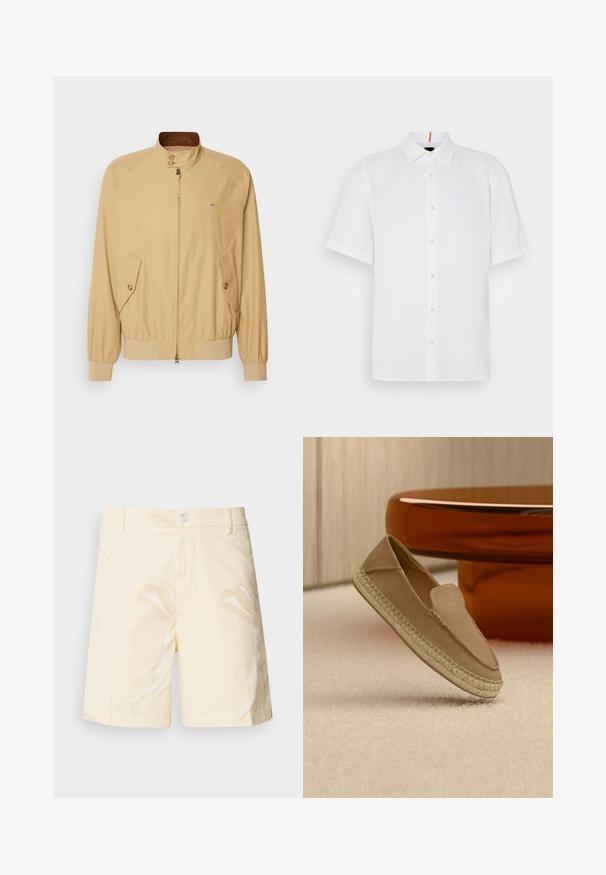 Veste bomber beige avec une fermeture éclair à l'avant, un col montant, deux poches latérales et des poignets côtelés. Texture lisse et matériau léger.; Chemise blanche à manches courtes en lin, au cut droit. Elle présente un devant à boutons, un col classique et des détails de couture discrets.; Shorts en coton de couleur jaune pâle avec un motif floral. Dotés d'une fermeture à bouton, de poches avant et d'une coupe droite avec des bords ourlés.; Chaussure beige sans lacets avec tige texturée et semelle tissée, positionnée debout sur un sol recouvert de moquette claire à côté d'une table circulaire marron brillante.