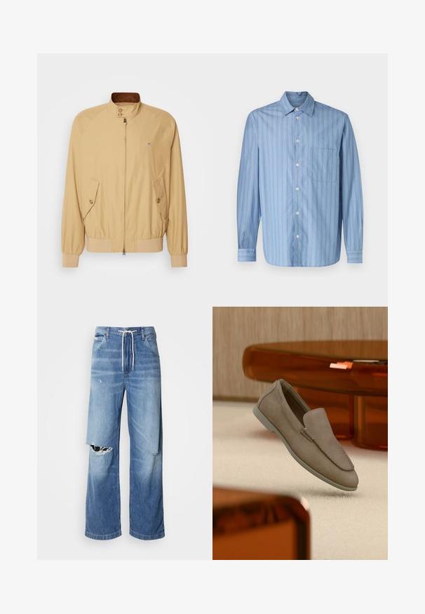 Veste bomber beige avec une fermeture éclair à l'avant, un col montant, deux poches latérales et des poignets côtelés. Texture lisse et matériau léger.; Chemise boutonnée bleu clair avec des rayures verticales de largeurs variées, dotée d'un col pointu, de longues manches et d'une poche poitrine.; Jean en denim bleu clair avec une coupe décontractée, dotés d'une taille élastique blanche à cordon de serrage, et de déchirures distinctes à l'avant, montrant des bords effilochés.; Mocassin beige en daim à enfiler avec coutures visibles et semelle claire, positionné au-dessus d'un tapis crème, avec un meuble translucide orange en arrière-plan.