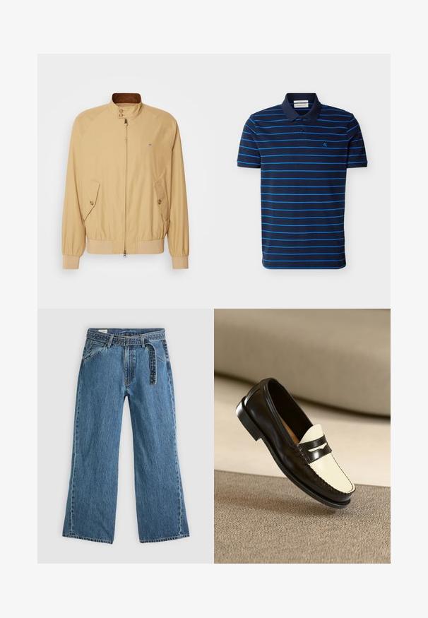 Veste bomber beige avec une fermeture éclair à l'avant, un col montant, deux poches latérales et des poignets côtelés. Texture lisse et matériau léger.; Polo bleu marine avec fines rayures horizontales bleu clair, manches courtes, patte à deux boutons et petit logo "CK" sur la poitrine gauche.; Jeans bleu en denim à jambes larges avec une ceinture attachée, poches avant et couture visible sur un fond clair.; Mocassin en cuir noir avec un empeigne crème et des rayures noires, présentant un petit talon et des coutures détaillées le long des bords.