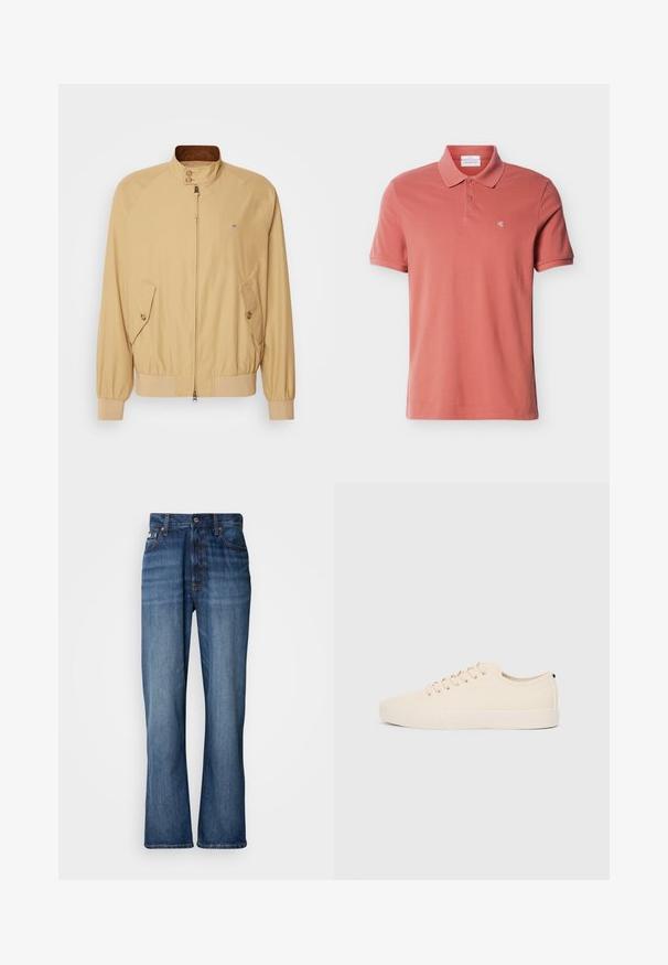 Veste bomber beige avec une fermeture éclair à l'avant, un col montant, deux poches latérales et des poignets côtelés. Texture lisse et matériau léger.; Polo pour homme à manches courtes couleur rose poussiéreux avec deux boutons et petit logo blanc "cK" sur le côté gauche de la poitrine.; Jean en denim bleu avec une taille haute, jambes évasées, design à cinq poches et couture ton sur ton. Comprend une fermeture à bouton et des poches rivetées.; Baskets en toile beige avec bout arrondi, semelle en caoutchouc plate et lacets à l'avant. Présente un design minimaliste et un accent noir contrastant au niveau du talon.