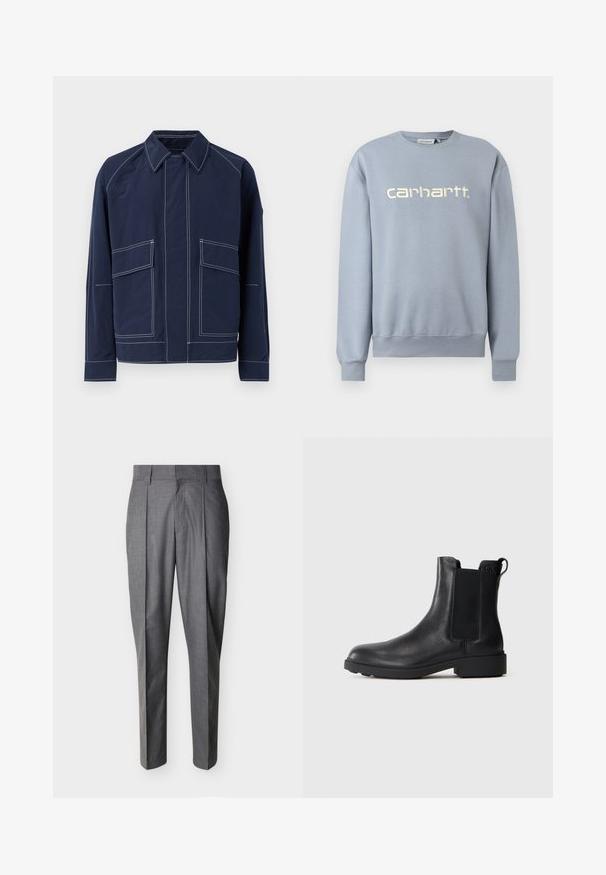 Marineblå jakke med krave, to store frontlommer, kontrast hvide sømme og afslappet pasform. Lavet af letvægtsmateriale.; Lyseblå Carhartt crewneck-sweatshirt med lange ærmer og ribkant ved manchetter og kant, med hvidt broderet mærkenavn på brystet.; Grå skræddersyede bukser med læg og bæltestropper, vist fladt mod en hvid baggrund.; Sort læder ankelstøvle med elastiske sidepaneler, træksnor ved hælen og lav bloksål mod en ensfarvet baggrund.