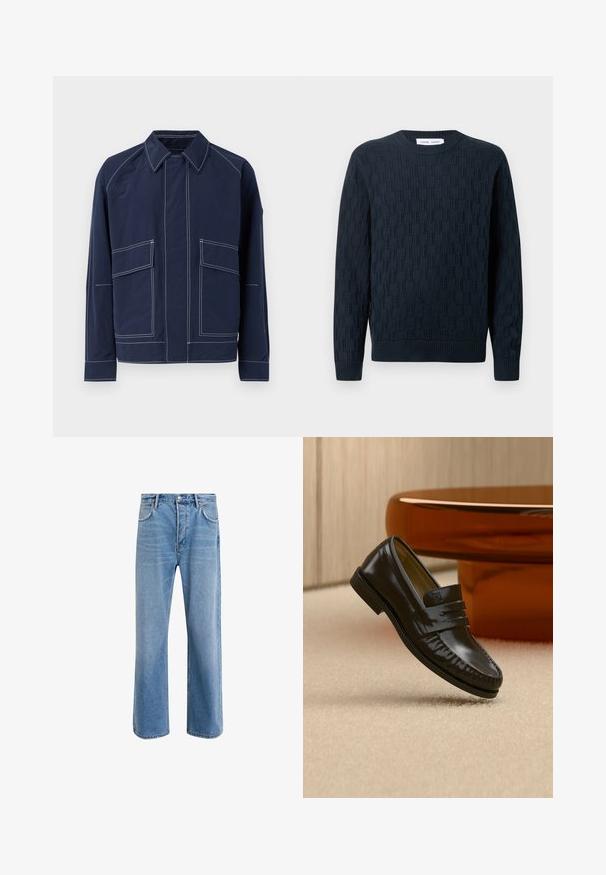Marineblå jakke med krave, to store frontlommer, kontrast hvide sømme og afslappet pasform. Lavet af letvægtsmateriale.; Marineblå strikket sweater med et tekstureret mønster, rund hals og ribbede manchetter og kant. Fremstillet af blødt garn for komfort.; Lyseblå denim jeans med lige ben-design, fem lommer, knaplukning, minimal falming og kontraststingdetaljer.; Skinnende sort læderloafer med remdetalje, placeret på beige tæppe nær et rundt brunt sofabord i et blødt oplyst rum.