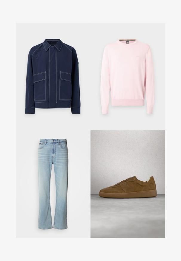 Marineblå jakke med krave, to store frontlommer, kontrast hvide sømme og afslappet pasform. Lavet af letvægtsmateriale.; Lyserød langærmet sweater med rund hals, ribstrikkede manchetter og kant, diskret "BOSS"-logo broderet på brystet og etiket indeni kraven.; Lyseblå denimjeans med lige ben, der har fem lommer, knaplukning og en subtil falmning på stoffet.; Brun ruskindsneaker med tanfarvede snørebånd og gummisål. Har en rundet snude og synlige stikninger på overdelen. Letvægtsdesign.