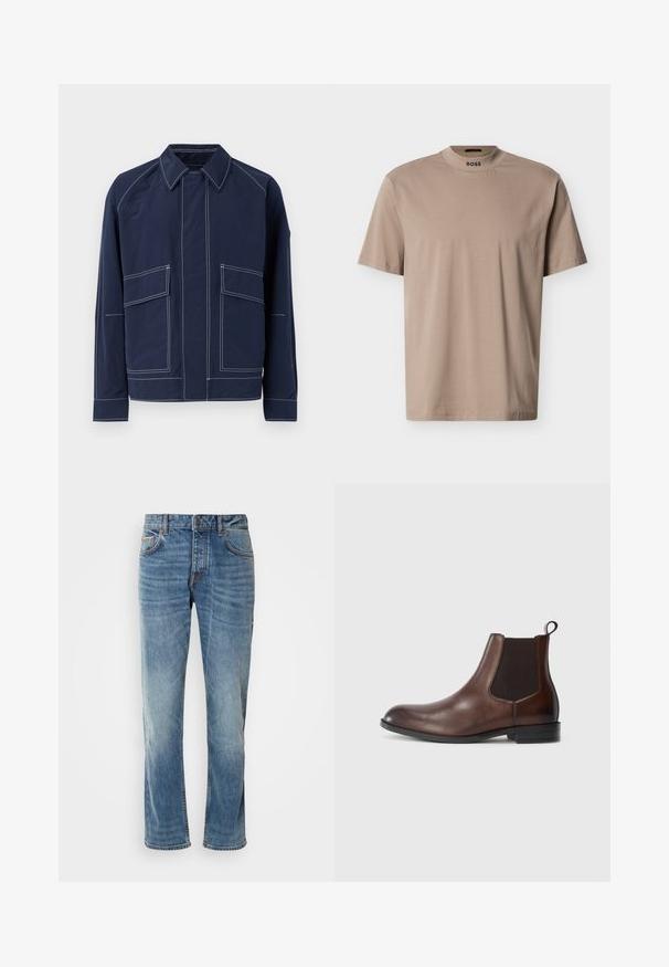 Marineblå jakke med krave, to store frontlommer, kontrast hvide sømme og afslappet pasform. Lavet af letvægtsmateriale.; Beige T-shirt med korte ærmer og høj rund hals med "BOSS"-branding på kraven. Fremstillet af blødt stof med en glat tekstur.; Lyseblå denimbukser med lige ben, fem lommer, kontrasterende syninger og en falmet finish. Har en knap- og lynlåsåbning.; Brune læder Chelsea-støvle med elastiske sidepaneler, rund tå, trækkebånd og en lille hæl med en tekstureret sål.