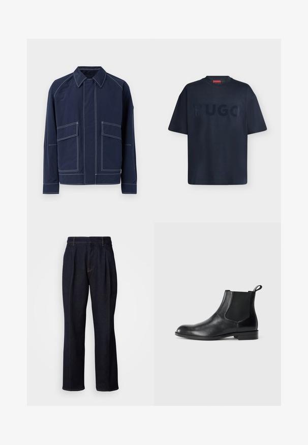 Marineblå jakke med krave, to store frontlommer, kontrast hvide sømme og afslappet pasform. Lavet af letvægtsmateriale.; Sort t-shirt med korte ærmer med mærkenavnet "HUGO" præget hen over brystet og et rødt mærkat inden i kraven.; Mørkeblå vidde denim jeans med frontfældninger og orange syninger, vist på hvid baggrund.; Sorte læder ankelstøvler med elastiske sidepaneler, rund tå og en trækloft. Glat tekstur, flad sål, minimalistisk design.