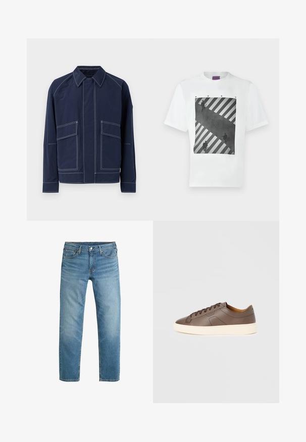 Marineblå jakke med krave, to store frontlommer, kontrast hvide sømme og afslappet pasform. Lavet af letvægtsmateriale.; Hvid T-shirt med sort-hvidt fototryk af tre personer, der krydser et zebrastribet fodgængerfelt, med teksten "HUGO" over billedet.; Lyseblå denimjeans med lige ben, fem-lomme design og lukning med knapper. Har minimal falming og syningsdetaljer.; Brun lædersneaker med en glat tekstur, kontrastfuld cremelignende ydersål, rund snude og mørkebrune snørebånd; har subtilt præget logo.