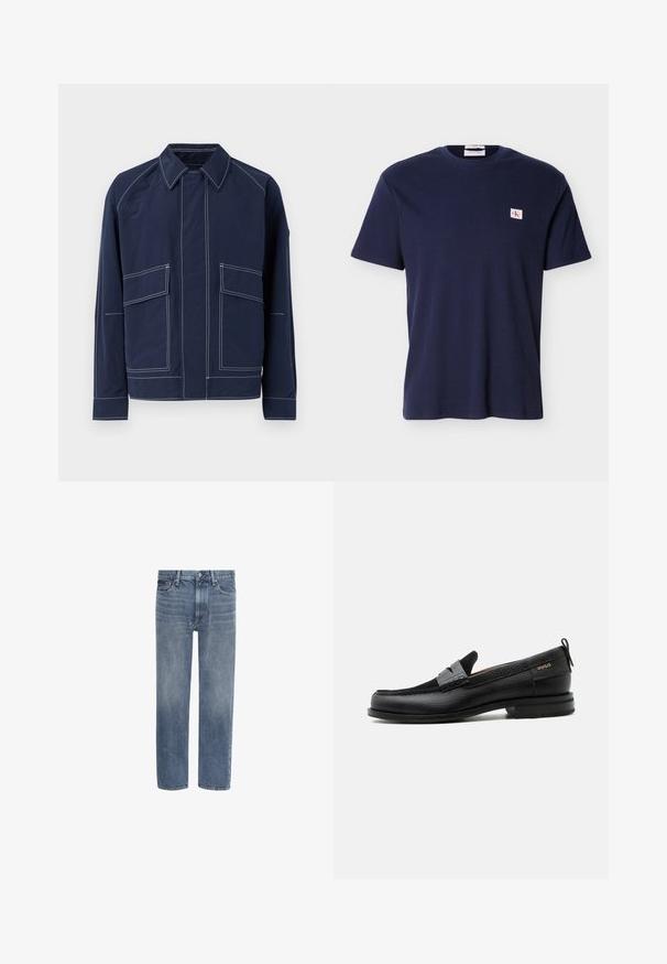 Marineblaue Jacke mit Kragen, zwei großen Fronttaschen, kontrastierender weißer Naht und lockerer Passform. Hergestellt aus leichtem Material.; Marineblaues, kurzärmeliges, geripptes T-Shirt mit rundem Ausschnitt und kleinem Calvin Klein Logo-Patch auf der linken Brust.; Gerade geschnittene blaue Denim-Jeans mit Vordertaschen, Gürtelschlaufen und Knopfverschluss.; Schwarzer Lederloafer mit grauem Riemendetail, niedrigem Absatz und strukturierter Sohle, seitlich mit „HUGO“ in Gold gebrandmarkt.