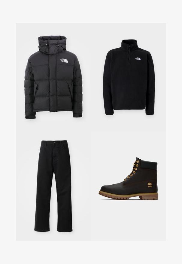 Schwarze Daunenjacke mit hohem Kragen, Reißverschluss vorne und einem gestickten Logo auf der oberen linken Seite. Verfügt über gesteppte Abschnitte und elastische Bündchen.; The North Face SHISPARE ZIP - Fleecepullover - black; Schwarze Jeans mit geradem Schnitt, ausgestattet mit Fronttaschen, einem Reißverschluss und einem einzelnen oberen Knopf. Texturiert mit matter Oberfläche.; Schwarze Leder-Ankle-Boots mit goldenen Ösen, braunen Akzenten und einer Gummisohle. Verfügt über einen gepolsterten Schaft und ein geprägtes Logo an der Seite.