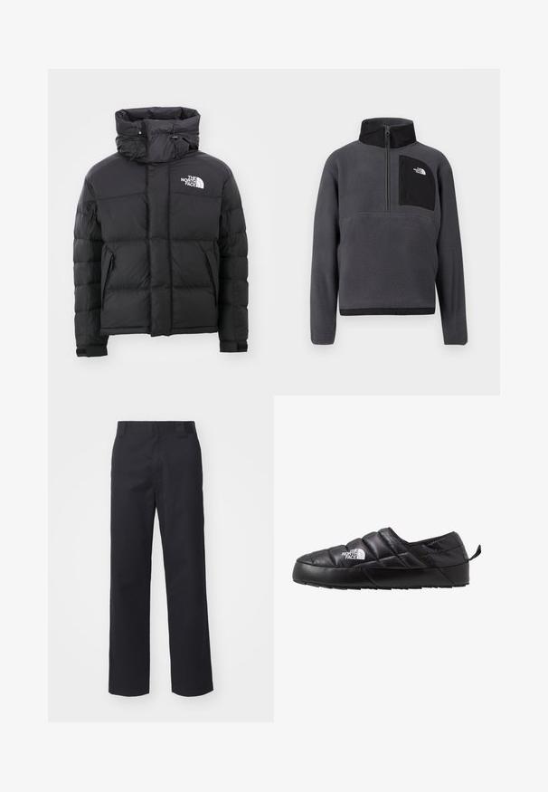 Schwarze Daunenjacke mit hohem Kragen, Reißverschluss vorne und einem gestickten Logo auf der oberen linken Seite. Verfügt über gesteppte Abschnitte und elastische Bündchen.; Dunkelgrauer Fleece-Pullover mit hohem Kragen, halbseitigem Reißverschluss vorne und schwarzer Reißverschlusstasche auf der Brust mit weißem Logo auf der rechten Seite.; Schwarze gerade geschnittene Hose aus einem Baumwollmischgewebe. Verfügt über einen flachen Bund mit Gürtelschlaufen und keinerlei sichtbare Hardware oder Verzierungen.; Schwarzer Slipper mit gestepptem Design, aus gepolstertem Material gefertigt. Verfügt über eine strukturierten Gummisohle und eine kleine Lasche hinten.