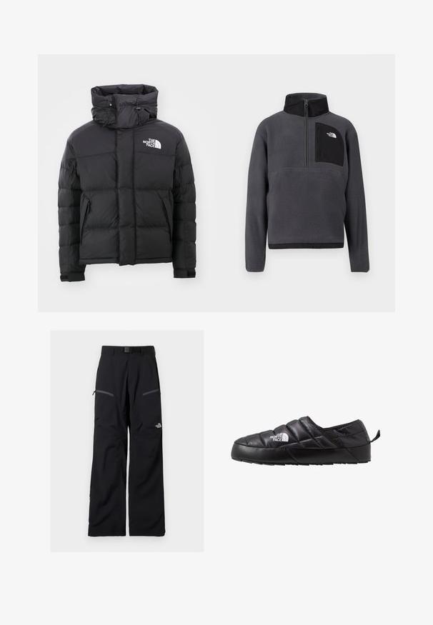 Schwarze Daunenjacke mit hohem Kragen, Reißverschluss vorne und einem gestickten Logo auf der oberen linken Seite. Verfügt über gesteppte Abschnitte und elastische Bündchen.; Dunkelgrauer Fleece-Pullover mit hohem Kragen, halbseitigem Reißverschluss vorne und schwarzer Reißverschlusstasche auf der Brust mit weißem Logo auf der rechten Seite.; Schwarze Outdoor-Hose mit verstellbarem Gürtel, zwei Reißverschlusstaschen an den Oberschenkeln und The North Face-Logo am rechten Bein.; Schwarzer Slipper mit gestepptem Design, aus gepolstertem Material gefertigt. Verfügt über eine strukturierten Gummisohle und eine kleine Lasche hinten.