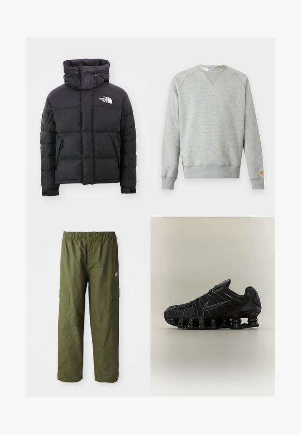 Zwarte pufferjack met een hoge kraag, ritssluiting aan de voorkant en een geborduurd logo op de linkerbovenkant. Beschikt over gestikte delen en elastische manchetten.; Lichtgrijze crewneck sweater met lange mouwen, geribde manchetten en zoom, en een klein logoplaatje op de linkermouwmanchet.; Nike cargo broek in donkergroen olijf, met een elastische tailleband, twee zijzakken en een gladde, lichte stof.; Zwarte Nike hardloopschoen met veerachtige segmentenzool, mesh bovenwerk en bijpassend zwart swoosh-logo aan de zijkant.