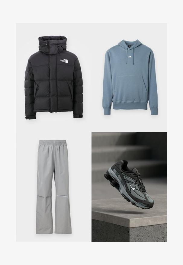 Schwarze Daunenjacke mit hohem Kragen, Reißverschluss vorne und einem gestickten Logo auf der oberen linken Seite. Verfügt über gesteppte Abschnitte und elastische Bündchen.; Blauer Kapuzenpullover mit Kängurutasche vorne und kleinem weißen The North Face-Logo, das in der Mitte der Brust sitzt.; Hellgraue wasserdichte Regenhose mit elastischem Bund und reflektierendem Streifen am rechten Bein, für den Außeneinsatz konzipiert.; Grauer und schwarzer Sportschuh mit Netzpaneelen und dicker Sohle, schwebend in der Luft über einer Betonmauer mit Treppen im Hintergrund.