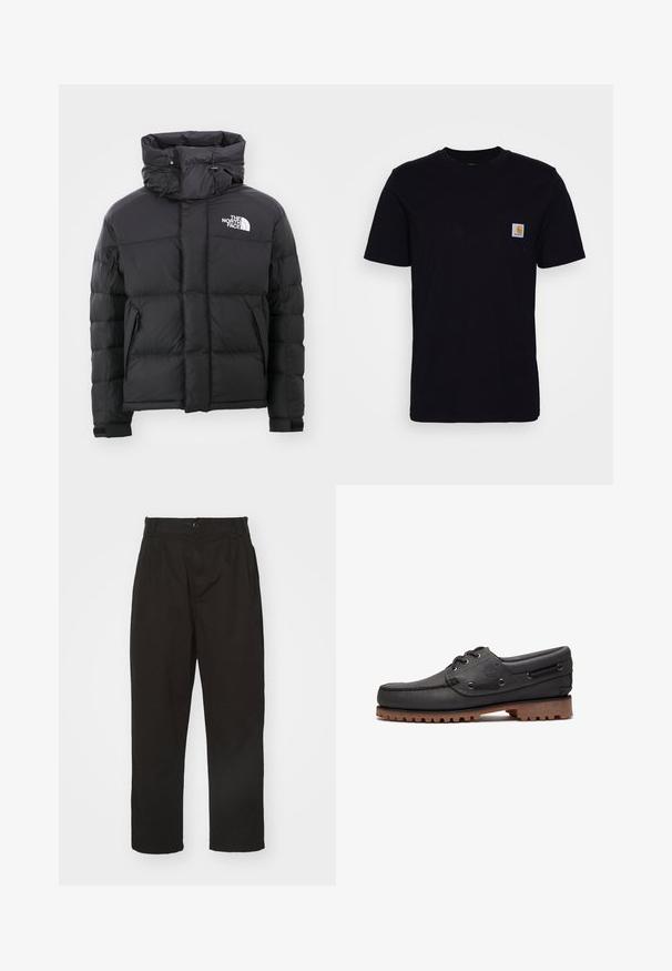 Schwarze Daunenjacke mit hohem Kragen, Reißverschluss vorne und einem gestickten Logo auf der oberen linken Seite. Verfügt über gesteppte Abschnitte und elastische Bündchen.; Schwarzes Baumwoll-T-Shirt mit kurzen Ärmeln, rundem Hals und einer Brusttasche, die mit einem kleinen, quadratischen Logo-Patch versehen ist. Einfaches, einfarbiges Design.; Schwarze Hose aus glattem Stoff, mit Knopfverschluss, geradem Schnitt und zwei vorderen Falten für zusätzlichen Detail.; Schwarzes Bootsschuh aus Leder mit Schnürdetails, rundem Zehenbereich, strukturierter brauner Gummisohle und genähten Lederseiten.