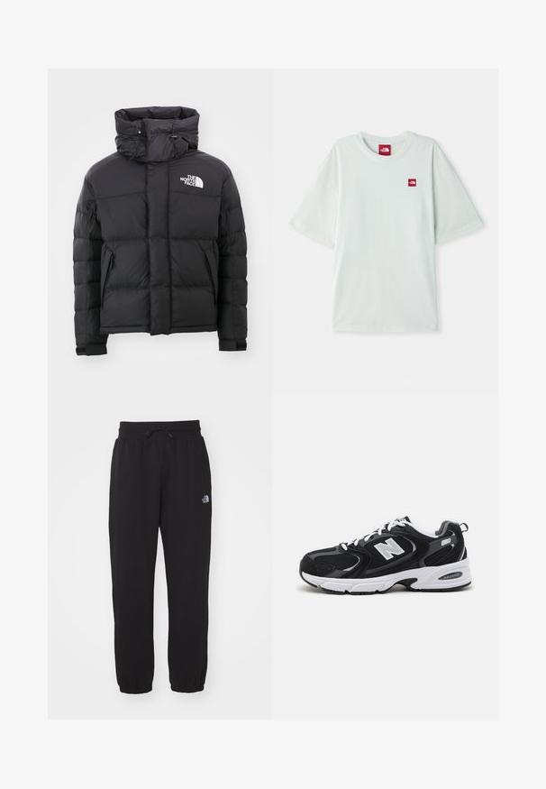 Schwarze Daunenjacke mit hohem Kragen, Reißverschluss vorne und einem gestickten Logo auf der oberen linken Seite. Verfügt über gesteppte Abschnitte und elastische Bündchen.; Hellgrünes Kurzarm-T-Shirt aus weicher Baumwolle, mit einem kleinen roten Logostein auf der linken Brustseite. Entspannte Passform und runder Halsausschnitt.; Schwarze Jogginghose aus weichem Stoff, mit einem elastischen Bund und Kordelzug, Bündchen an den Knöcheln und einem kleinen Logo am Oberschenkel.; Schwarze und graue Sportschuhe mit Obermaterial aus Mesh und Wildleder, ausgestattet mit einer weißen Zwischensohle, Schnürsenkeln und einem markanten "N"-Logo an der Seite.
