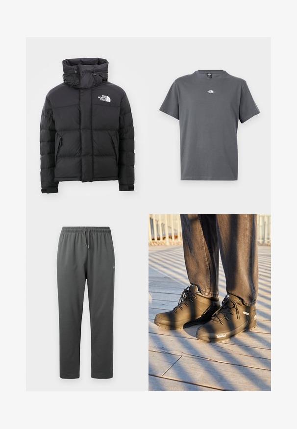 Schwarze Daunenjacke mit hohem Kragen, Reißverschluss vorne und einem gestickten Logo auf der oberen linken Seite. Verfügt über gesteppte Abschnitte und elastische Bündchen.; Graues T-Shirt mit kurzen Ärmeln und Rundhalsausschnitt, mit kleinem weißen The North Face-Logo mittig auf der Brust.; Dunkelgraue Fleece-Sweathosen mit elastischem Bund und Kordelzug, mit kleinem Logo am rechten Oberschenkel.; Schwarze Timberland-Wanderstiefel mit hohem Schaft, strukturierten Oberflächen und runden Schnürsenkeln, vor einem Holzboden-Hintergrund.