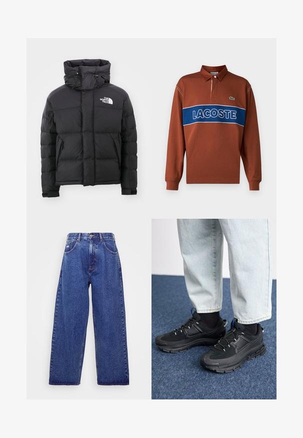 Zwarte pufferjack met een hoge kraag, ritssluiting aan de voorkant en een geborduurd logo op de linkerbovenkant. Beschikt over gestikte delen en elastische manchetten.; Poloshirt met lange mouwen in roestbruin met een blauwe horizontale streep waarop de witte tekst "LACOSTE" staat. Inclusief een kraag en groene logo-detail.; Wijd gesneden, blauwe denim jeans met een hoge taille, voorzien van vijf zakken, een knoopsluiting en subtiele vervaging voor textuur.; Zwarte sportschoenen met gestructureerde stof en rubberen zolen, met elastische veters en een blauwe accent op de hiel. Draag samen met lichte spijkerbroeken.