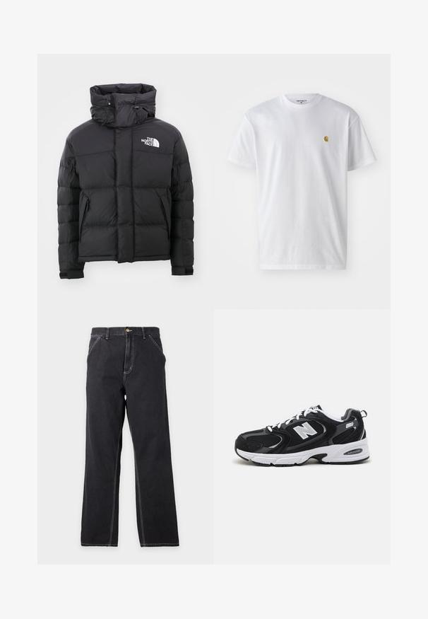 Schwarze Daunenjacke mit hohem Kragen, Reißverschluss vorne und einem gestickten Logo auf der oberen linken Seite. Verfügt über gesteppte Abschnitte und elastische Bündchen.; Weißes Baumwoll-T-Shirt mit kurzen Ärmeln, Rundhalsausschnitt, mit einem kleinen goldenen Logo im linken Brustbereich. Weicher Stoff und normale Passform.; Schwarze Jeans mit geradem Bein, Vordertaschen, Gürtelschlaufen und sichtbaren weißen Nähten auf einfachem hellgrauem Hintergrund.; Schwarze und graue Sportschuhe mit Obermaterial aus Mesh und Wildleder, ausgestattet mit einer weißen Zwischensohle, Schnürsenkeln und einem markanten "N"-Logo an der Seite.