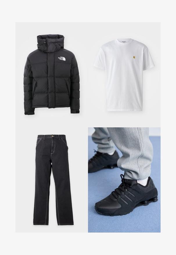 Schwarze Daunenjacke mit hohem Kragen, Reißverschluss vorne und einem gestickten Logo auf der oberen linken Seite. Verfügt über gesteppte Abschnitte und elastische Bündchen.; Weißes Baumwoll-T-Shirt mit kurzen Ärmeln, Rundhalsausschnitt, mit einem kleinen goldenen Logo im linken Brustbereich. Weicher Stoff und normale Passform.; Schwarze Jeans mit geradem Bein, Vordertaschen, Gürtelschlaufen und sichtbaren weißen Nähten auf einfachem hellgrauem Hintergrund.; Person in schwarzen Nike Shox Sneakers und grauen Jogginghosen, der auf einem hellblauen Teppich steht.