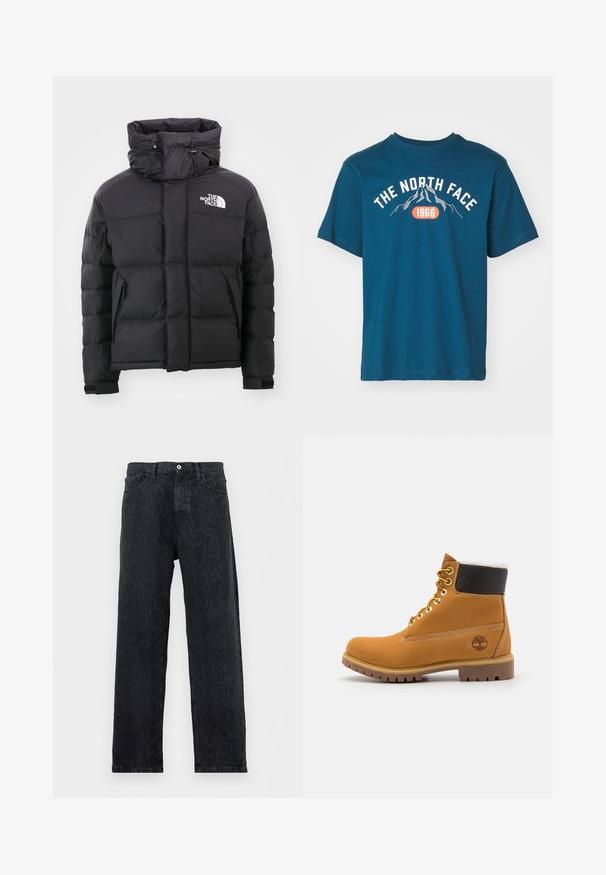 Zwarte pufferjack met een hoge kraag, ritssluiting aan de voorkant en een geborduurd logo op de linkerbovenkant. Beschikt over gestikte delen en elastische manchetten.; The North Face M VARSITY GRAPHIC RELAXED SS TEE - T-shirt print - midnight petrol; Zwarte jeans met rechte pijpen en subtiel donker dierenprintpatroon, knoop- en ritssluiting, en voorzakken, afgebeeld op een witte achtergrond.; Bruine leren enkellaars met metalen oogjes, witte faux bont voering, zwarte gewatteerde kraag, robuuste zool en een reliëflogo aan de zijkant.