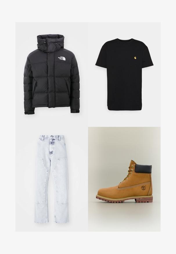 Doudoune noire avec un col haut, une fermeture éclair à l'avant et un logo brodé sur le côté supérieur gauche. Elle présente des sections matelassées et des poignets élastiques.; T-shirt en coton noir à manches courtes, col rond, avec un petit logo jaune sur la partie gauche de la poitrine. Design simple et coupe régulière.; Jeans en denim bleu clair, coupe droite, avec poches plaquées, taille haute et finition délavée. Présente des coutures ton sur ton et une coupe décontractée.; Bottine en cuir marron avec col noir, lacets jaunes et semelle beige. Présente un logo et des détails de couture blanche. Semelle extérieure à traction robuste.