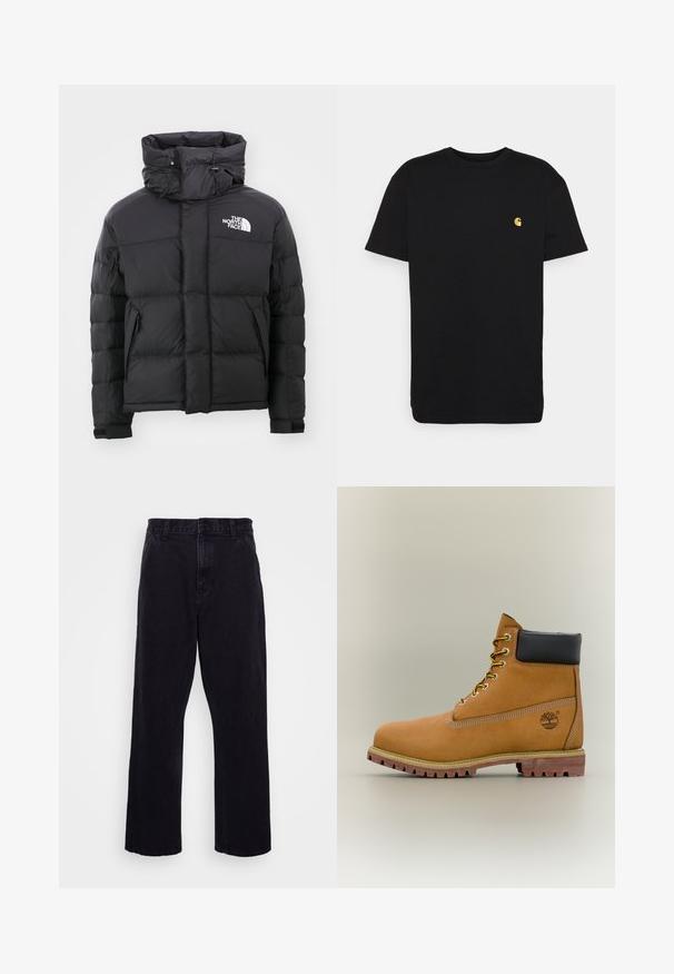 Schwarze Daunenjacke mit hohem Kragen, Reißverschluss vorne und einem gestickten Logo auf der oberen linken Seite. Verfügt über gesteppte Abschnitte und elastische Bündchen.; Schwarzes Baumwoll-T-Shirt mit kurzen Ärmeln, Rundhalsausschnitt und einem kleinen gelben Logo im linken Brustbereich. Einfaches Design und normale Passform.; Schwarze Jeanshose mit geradem Bein, ausgestattet mit einem Knopf- und Reißverschluss, Gürtelschlaufen und minimalen Nähdetails.; Brauner Leder-Stiefelette mit schwarzem Kragen, gelben Schnürsenkeln und hellbrauner Sohle. Verfügt über ein Logo und weiße Ziernähe. Robuste Profilsohle.