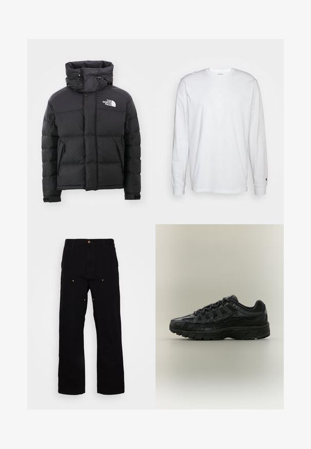 Schwarze Daunenjacke mit hohem Kragen, Reißverschluss vorne und einem gestickten Logo auf der oberen linken Seite. Verfügt über gesteppte Abschnitte und elastische Bündchen.; Weißes Langarm-T-Shirt aus Baumwolle. Rundhals-Design mit gerippten Bündchen und kleinem Logo auf dem linken Ärmel. Glatte Textur.; Schwarze Denim-Hosen mit geradem Bein, ausgestattet mit goldenen Hardware-Akzenten und sichtbaren Nähten an den Vorder- und Gesäßtaschen.; Schwarzer Nike Laufschuh mit Mesh- und synthetischem Obermaterial, Schnürverschluss und strukturierter Sohle, von der linken Seite vor neutralem Hintergrund gezeigt.