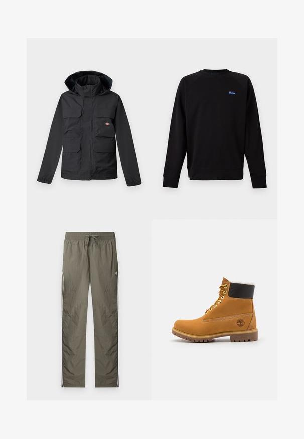 Sort vandtæt jakke med hætte, der har fire forlommer, lynlås foran og elastiske manchetter. Glat tekstur, funktionelt design.; Sort langærmet crewneck-sweatshirt med lille blå og hvid "Penfield"-logo på venstre bryst, ribstrikkede manchetter og kant.; Olivengrønne letvægts træningsbukser med elastisk taljebånd, snøre, hvide sidestriber og lille sommerfugle-logo på højre lår.; Brune læder ankelstøvle med metaløjer, hvid pelsforing, sort polstret krave, robust sål og præget logo på siden.