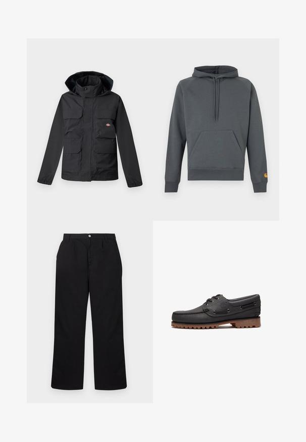 Schwarze wasserdichte Jacke mit Kapuze, ausgestattet mit vier Vorderfronttaschen, einem Reißverschluss und elastischen Bündchen. Glatte Textur, funktionales Design.; Dunkelgrauer Kapuzenpullover mit vorderer Kängurutasche und Kordeln, gerippte Bündchen und Saum, kleines oranges Logo am linken Ärmelbündchen.; Schwarze, hoch sitzende, gerade geschnittene Hose mit Gürtelschlaufen, vorne mit Knopf und Reißverschluss sowie dezenten Falten nahe dem Bund.; Schwarzes Bootsschuh aus Leder mit Schnürdetails, rundem Zehenbereich, strukturierter brauner Gummisohle und genähten Lederseiten.