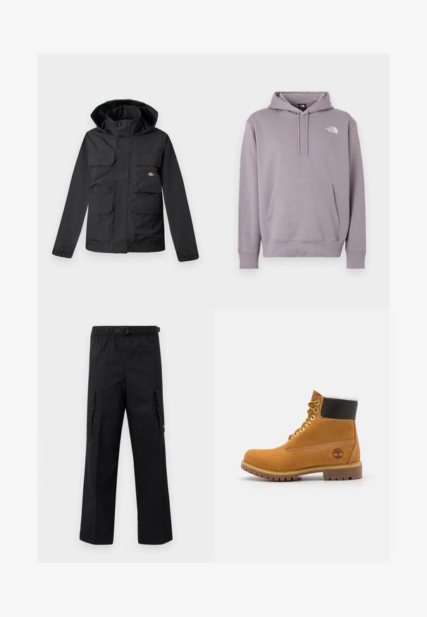 Zwarte waterdichte jas met een capuchon, voorzien van vier voorzakken, een ritsluiting en elastische manchetten. Glad textuur, functioneel ontwerp.; Pullover hoodie in lichtpaars, gemaakt van zachte stof. Voorzien van een voorzak, capuchon met trekkoord en een wit logo op de bovenste linkerkant.; Zwarte cargobroek met een wijde pasvorm, een verstelbare tailleband met een gesp en twee zijzakken voor opslag. Lichtgewicht stof.; Bruine leren enkellaars met metalen oogjes, witte faux bont voering, zwarte gewatteerde kraag, robuuste zool en een reliëflogo aan de zijkant.
