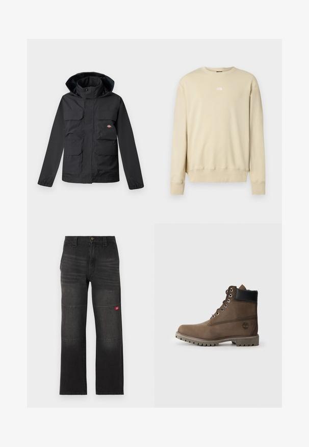 Schwarze wasserdichte Jacke mit Kapuze, ausgestattet mit vier Vorderfronttaschen, einem Reißverschluss und elastischen Bündchen. Glatte Textur, funktionales Design.; Beige Sweatshirt mit langen Ärmeln, gerippten Bündchen und rundem Ausschnitt. Mit kleinem weißem Logo auf der Brust. Weiche Textur.; Schwarze Denim-Arbeitshose mit doppelten Kniepaneelen und einem kleinen roten Logopatch am rechten Bein, gerader Schnitt und Bund mit Knopfverschluss.; Braune Leder-Stiefelette mit schwarzem Kragen, Metallösen und robustem grauen Sohlen. Verfügt über ein Logo an der Seite und genähten Details.
