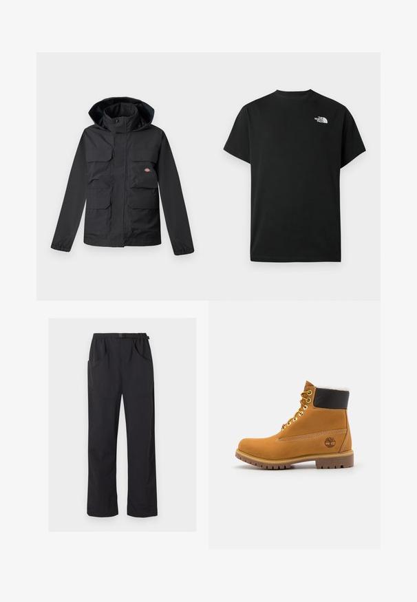 Sort vandtæt jakke med hætte, der har fire forlommer, lynlås foran og elastiske manchetter. Glat tekstur, funktionelt design.; Sort t-shirt med korte ærmer lavet af bomuld. Har en hvid logo på venstre bryst. Enkelt snit med rund halsudskæring og minimalt design.; Sorte bukser med lige ben, elastik i taljen og justerbart bælte med spænde, med for- og sidelommer.; Brune læder ankelstøvle med metaløjer, hvid pelsforing, sort polstret krave, robust sål og præget logo på siden.