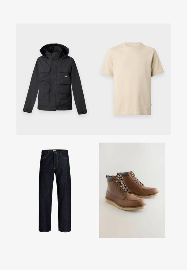 Zwarte waterdichte jas met een capuchon, voorzien van vier voorzakken, een ritsluiting en elastische manchetten. Glad textuur, functioneel ontwerp.; Beige katoenen T-shirt met korte mouwen en een ronde hals, voorzien van minimale stiksels en een klein tonale logo op de linkerborst.; Donkerblauwe jeans met rechte pijpen, gele stiksels, knoop- en ritssluiting aan de voorkant en een ontwerp met vijf zakken.; Bruine leren enkellaarsjes met een grijze gevoerde kraag, vetersluiting, witte rubberen buitenzool en decoratieve stiksels langs het middenstuk.