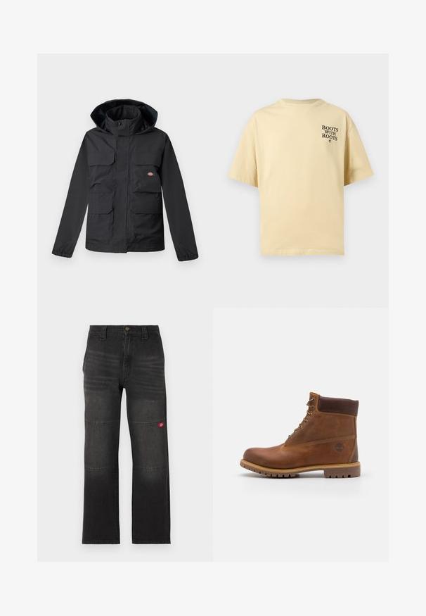 Schwarze wasserdichte Jacke mit Kapuze, ausgestattet mit vier Vorderfronttaschen, einem Reißverschluss und elastischen Bündchen. Glatte Textur, funktionales Design.; Beiges Kurzarm-T-Shirt mit dem schwarzen Schriftzug "BOOTS WITH ROOTS" auf der linken oberen Brust.; Schwarze Denim-Arbeitshose mit doppelten Kniepaneelen und einem kleinen roten Logopatch am rechten Bein, gerader Schnitt und Bund mit Knopfverschluss.; Braune Lederwanderschuhe mit glatter Oberfläche, gepolstertem Knöchel, Metallösen und einer Gummisohle mit robustem Profil.