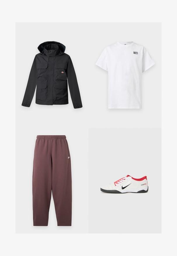 Zwarte waterdichte jas met een capuchon, voorzien van vier voorzakken, een ritsluiting en elastische manchetten. Glad textuur, functioneel ontwerp.; Wit T-shirt met korte mouwen en ronde hals, met een klein zwart Nike swoosh-logo in een rechthoek op de linkerborst.; Loszittende donkere mauve sweatpants met elastische tailleband en klein wit Nike-swooshlogo op de bovenkant van de dij.; Witte sportieve schoen met rode accenten, zwart Swoosh-logo en gestructureerd ontwerp. Bevat witte veters en een zwarte buitenzool. Tekst leest "total90."