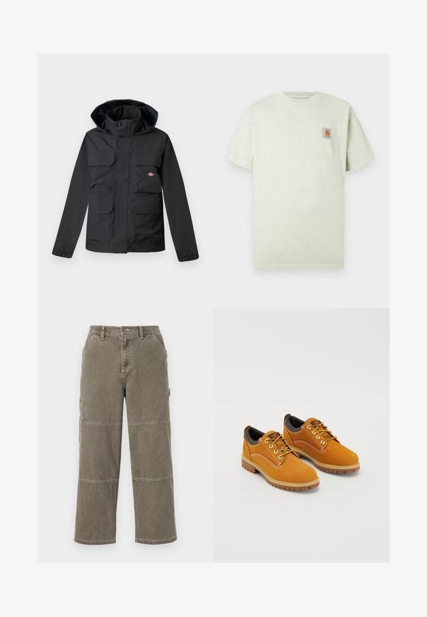 Sort vandtæt jakke med hætte, der har fire forlommer, lynlås foran og elastiske manchetter. Glat tekstur, funktionelt design.; Lysegrøn bomulds t-shirt med kortærmer, rund halsudskæring og et lille kvadratisk patch med et logo på venstre bryst. Blød tekstur.; Bomulds cargobukser i dæmpet olivengrøn med brede ben, dobbelt-syede detaljer og sidelommer, med knaplukning og bæltestropper.; Brune ruskindssko med rund tå, gule snørebånd, en polstret sort krave og gummisåler med skridsikre riller.