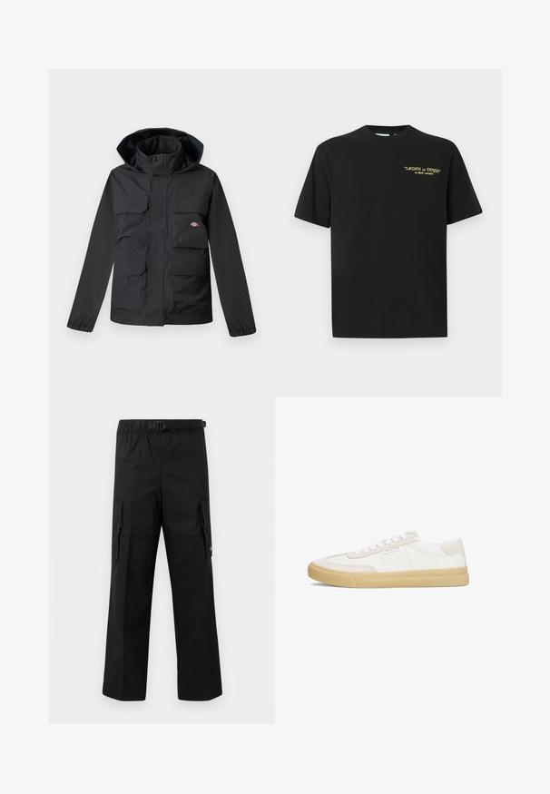 Sort vandtæt jakke med hætte, der har fire forlommer, lynlås foran og elastiske manchetter. Glat tekstur, funktionelt design.; Sort bomulds T-shirt med rund halsudskæring og korte ærmer. Forsiden har detaljer med gule bogstaver: "LACOSTE on TENNIS" af René Lacoste.; Sorte cargo-bukser med bred ben-design, justerbar talje med spænde og to sidelommer til opbevaring. Letvægtsstof.; Hvide sneakers lavet af læder og ruskind, med snørestropper, en tan gummisål og et lille logo på siden.